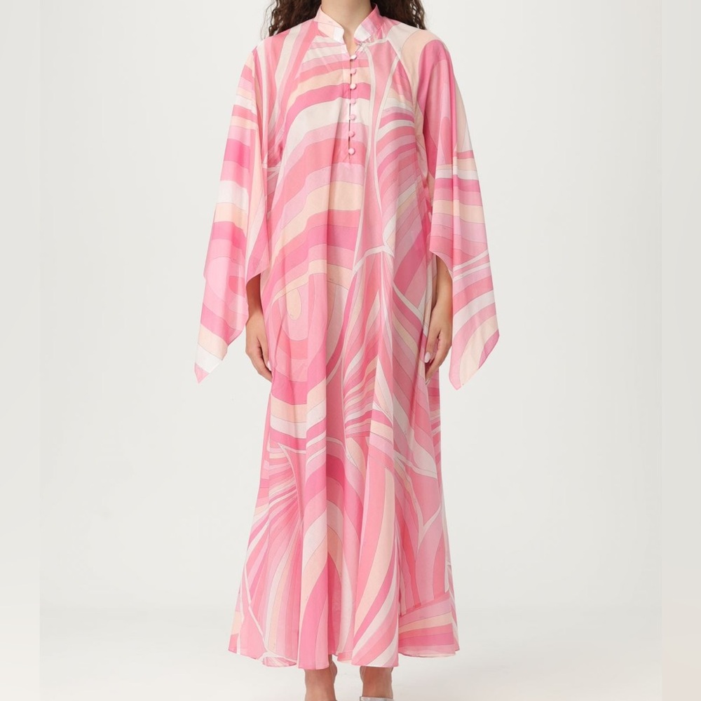 Emilio Pucci Pink Abstract Wave Print Oversized Caftan Long Tunic Maxi Dress